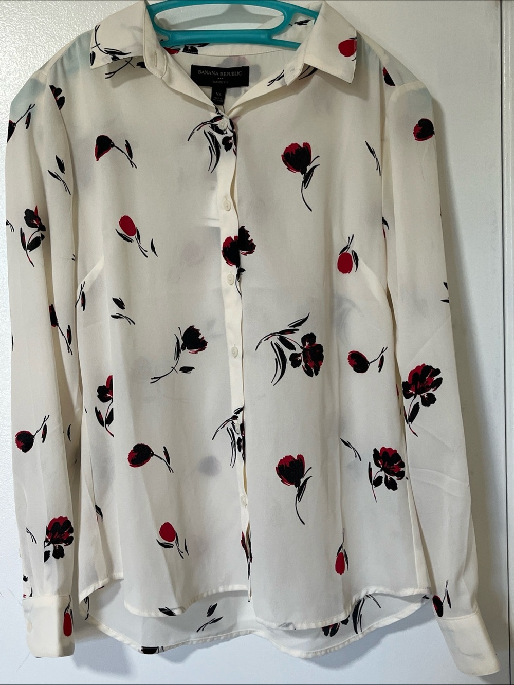 Banana Republic Ivory Button-Down Blouse with Red & Black Floral Print